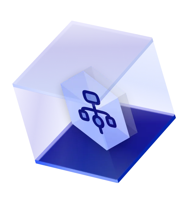 Isometric glass cube with a glyph on a floating hexagonal panel