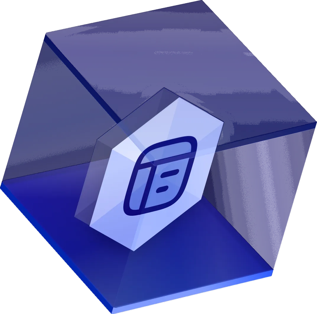 Isometric glass cube with a glyph on a floating hexagonal panel
